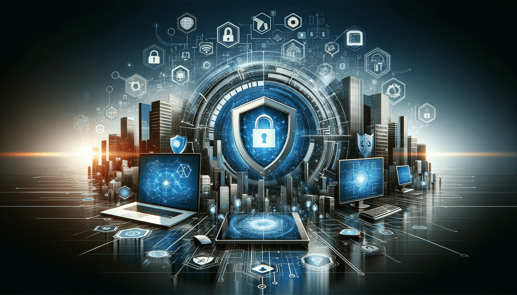 Futuristische Cybersecurity-Stadtlandschaft.